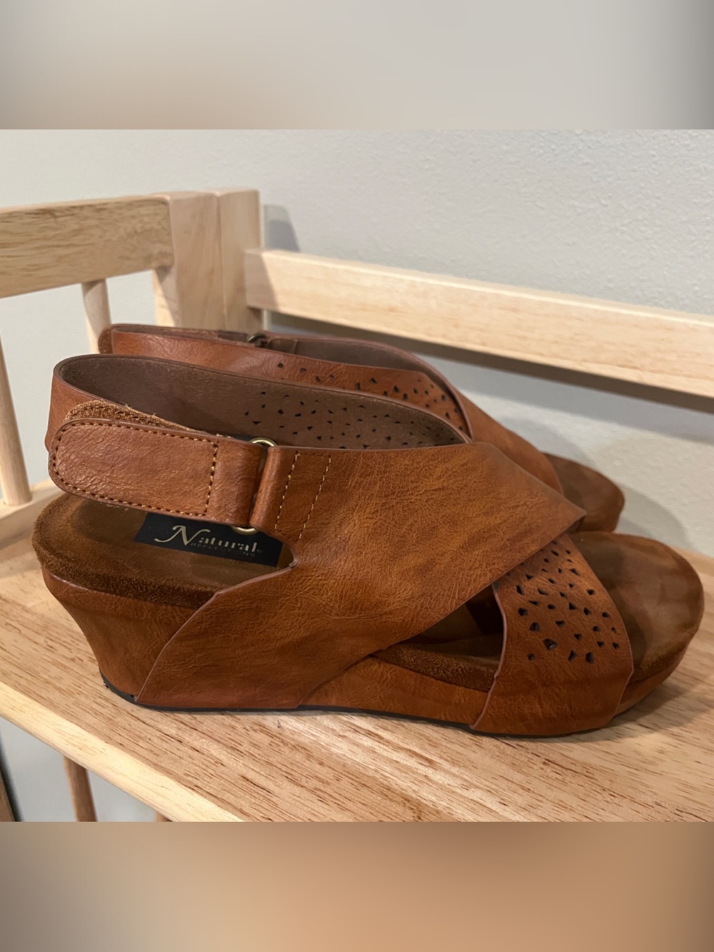 Natural Reflections Tan Leather Wedge Sandals with Perforated Straps